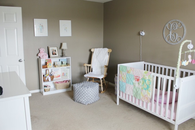 Neutral nursery with pops of color, ikea furniture, etsy quilt, pinterest prints, budget friendly