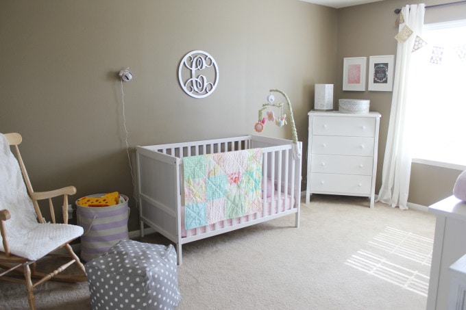 Neutral nursery with pops of color, ikea crib, budget friendly