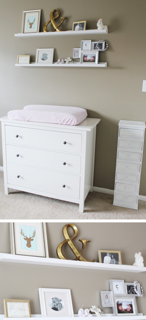Neutral nursery with pops of color, ikea furniture, etsy quilt, pinterest prints, budget friendly