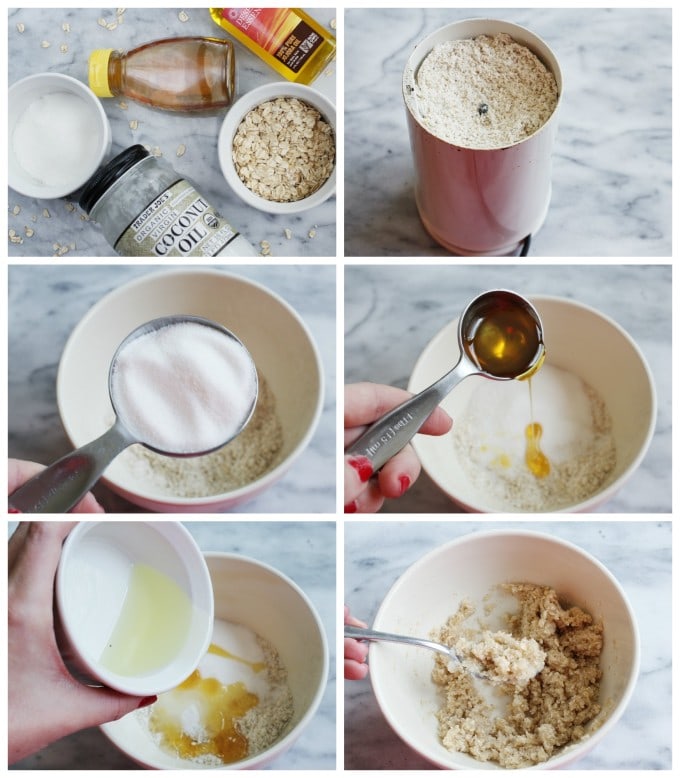DIY Coconut Oatmeal Scrub: Mix 1/2 cup ground oats, 1/4 cup sugar, 1 Tbsp honey, 1/4 cup melted coconut oil, and 1 Tbsp jojoba oil