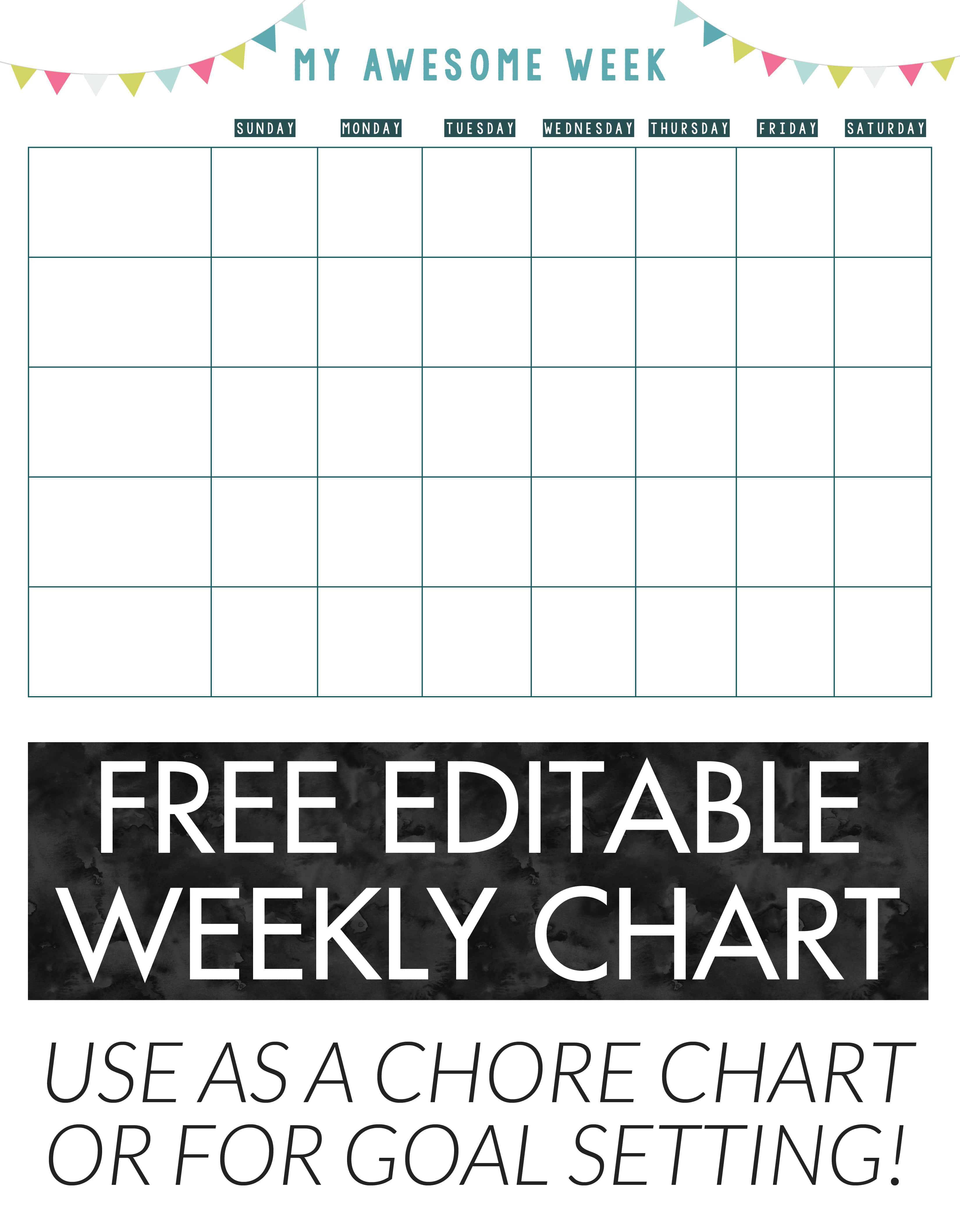 FREE editable weekly chart - great to use as a chore chart for kids or goal setting! You can type in the PDF yourself and print!