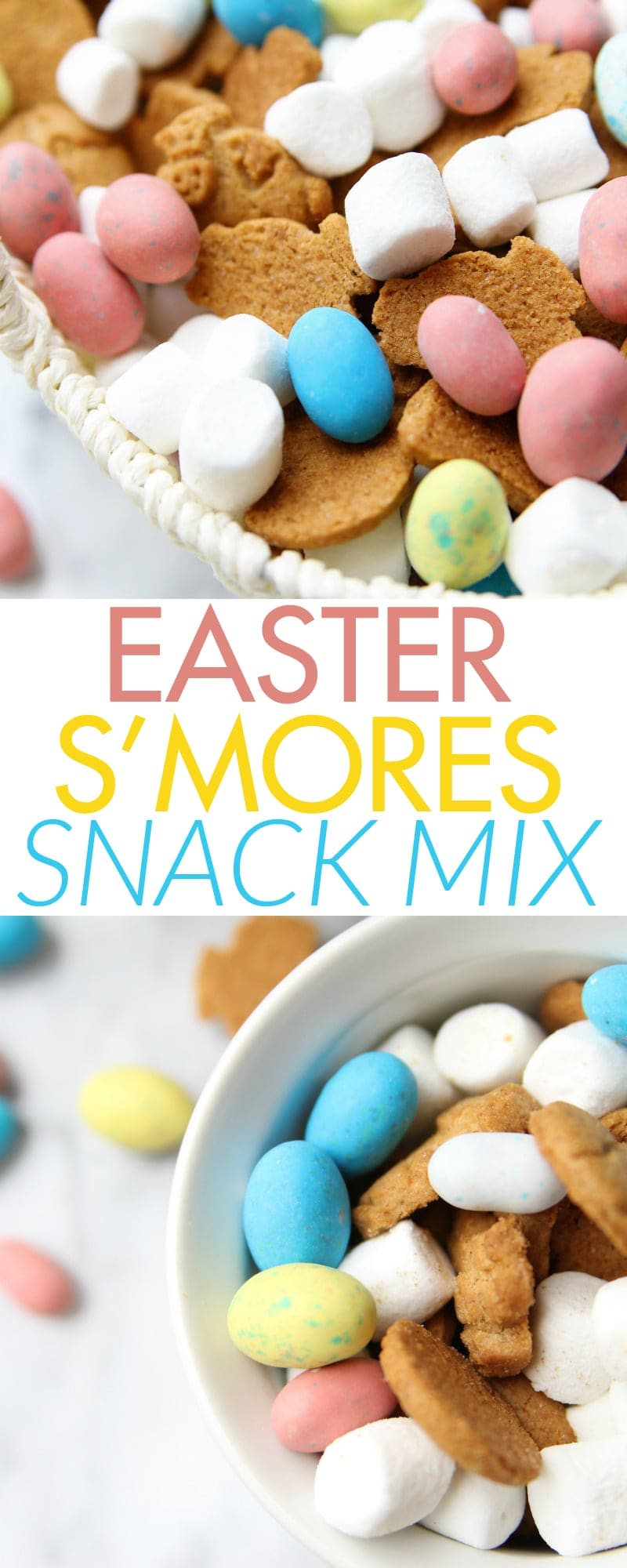 Easter Smores Snack Mix - Easy, festive, and delicious snack! Combine grahams, marshmallows, and chocolate eggs. Yum!