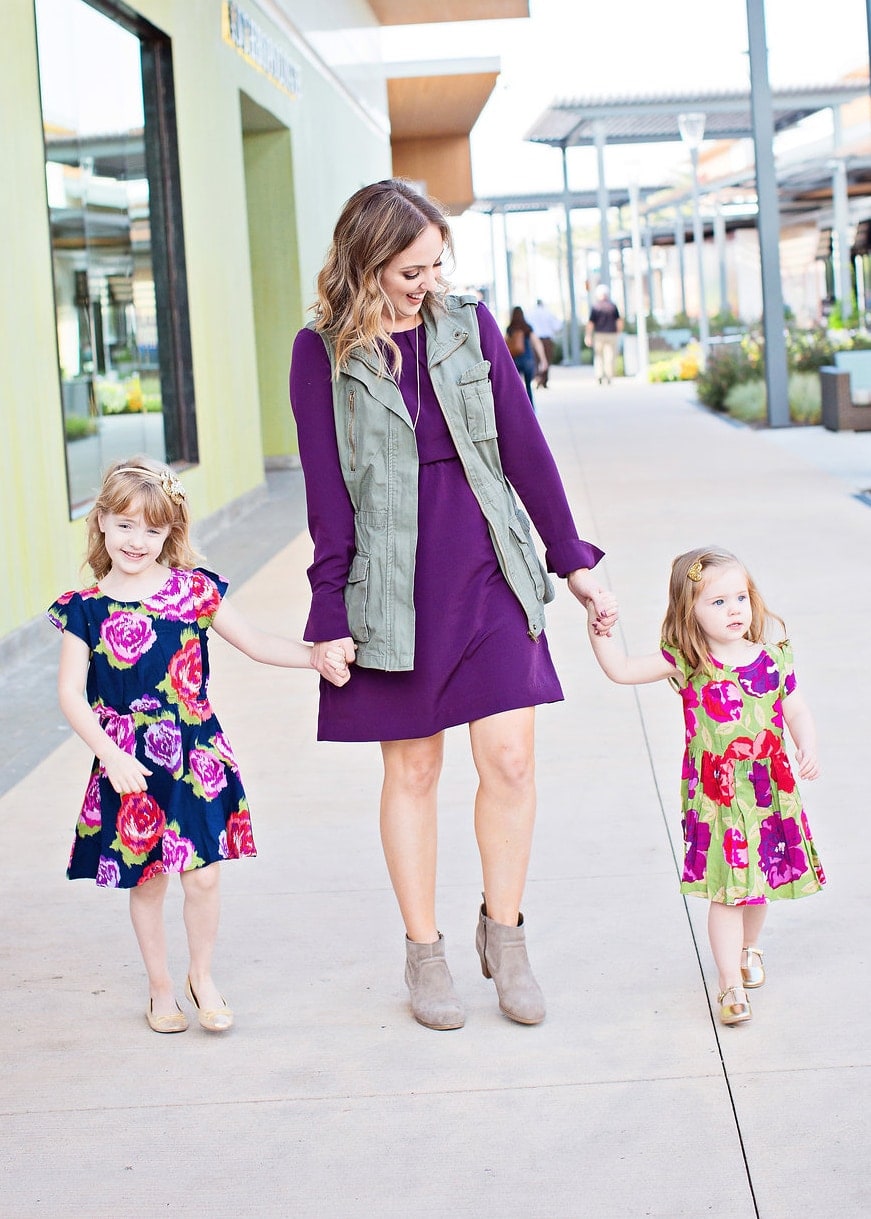 Mother daughter fall outfit inspiration - love the purple, military vest, and floral dresses
