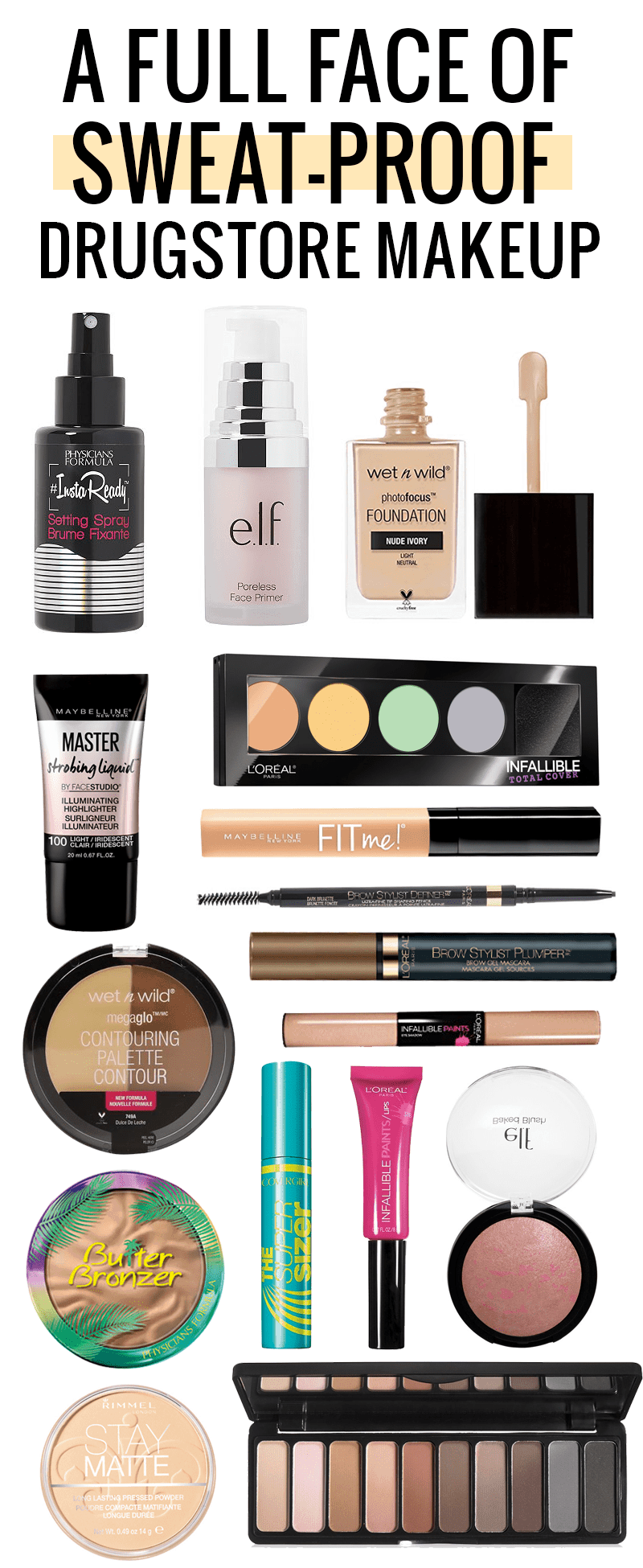 A full face of sweat-proof drugstore makeup! Click through to see the tutorial!