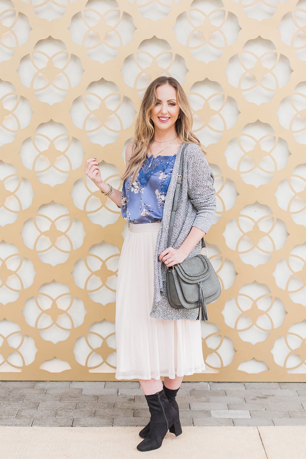 how to wear sock booties with fall florals outfit