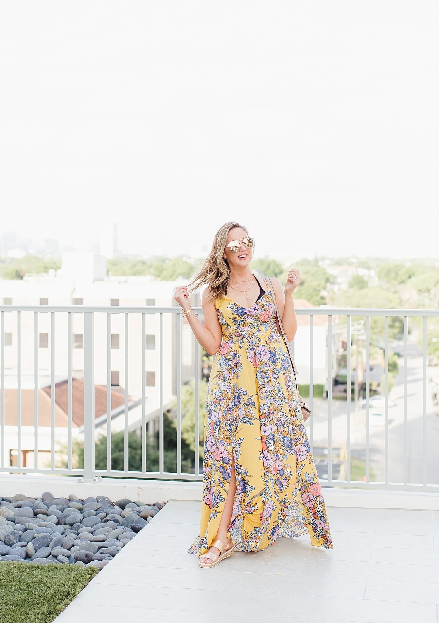 Houston blogger Meg O. on the Go styles the Free People Through the Vine Printed Maxi dress from Evereve