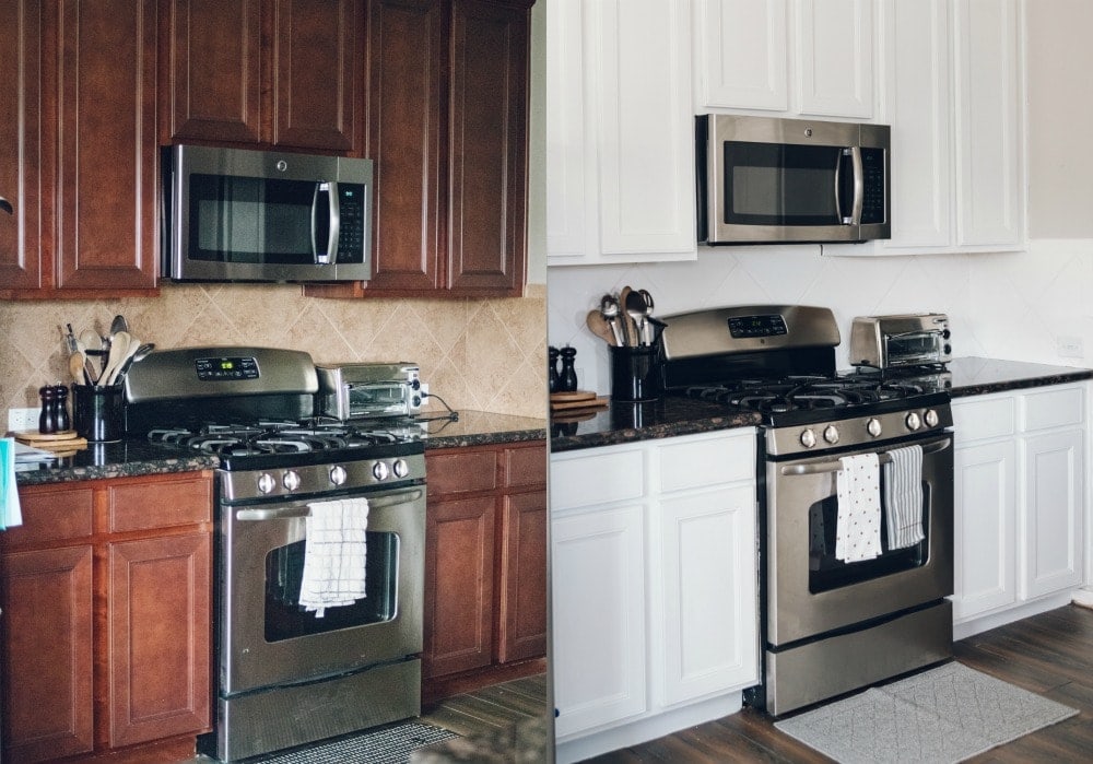 Houston blogger Meg O. on the Go shares how she painted her entire kitchen for under $250 - including the backsplash and cabinets!