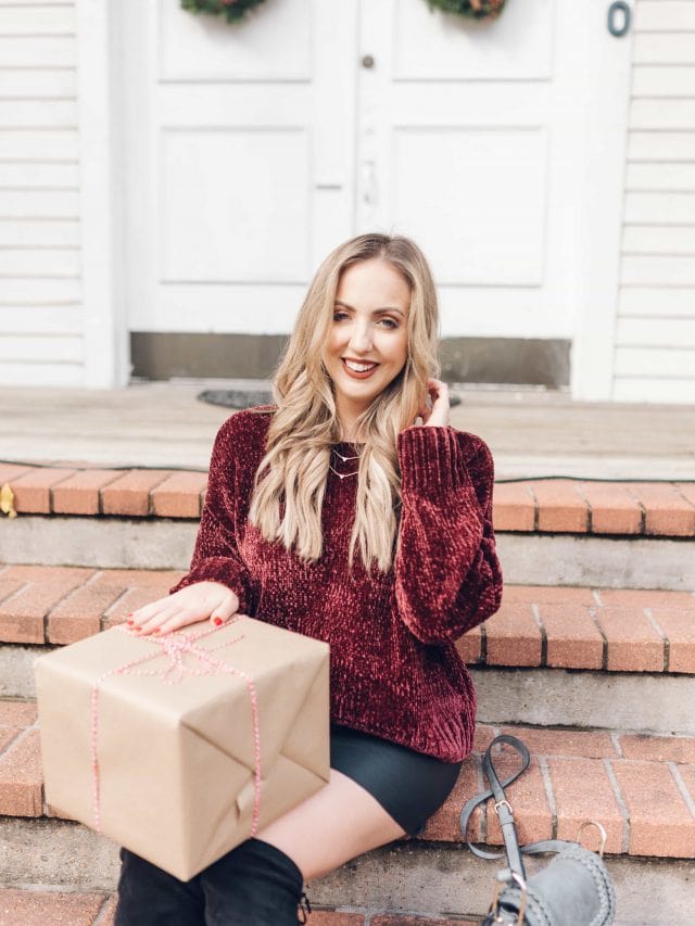 Houston blogger Meg O. on the Go shares a holiday outfit idea with a chenille sweater, faux leather skirt, and over the knee boots - all from Evereve