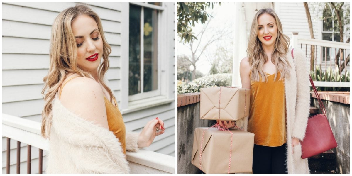 Houston lifestyle blogger Meg O. on the Go shares a holiday outfit - velvet cami, long caridgan coat, and ponte knit pants
