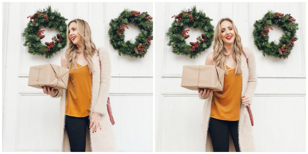 Houston blogger Meg O. on the Go shares a holiday look that includes a velvet cami, long cardigan, and ponte knit pants