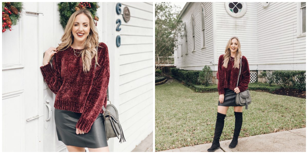 Houston lifestyle blogger Meg O. on the Go shares a chenille sweater, faux leather skirt, and over the knee boots as a Christmas outfit idea