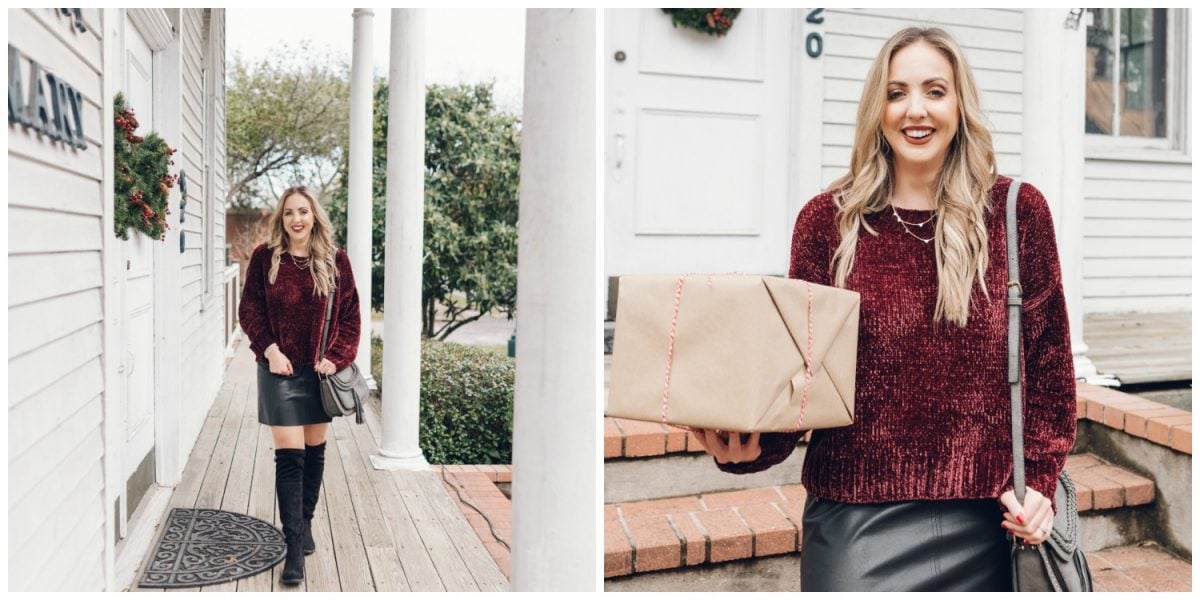 Houston blogger Meg O. on the Go shares a Christmas outfit idea wearing all things from Evereve - chenille sweater, faux leather skirt, and over the knee boots