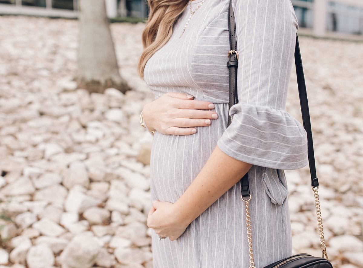 Houston lifestyle blogger Meg O. on the Go shares her favorite spring maternity dresses - this grey striped ruffle trim dresss with 3/4 sleeves is perfect for spring!