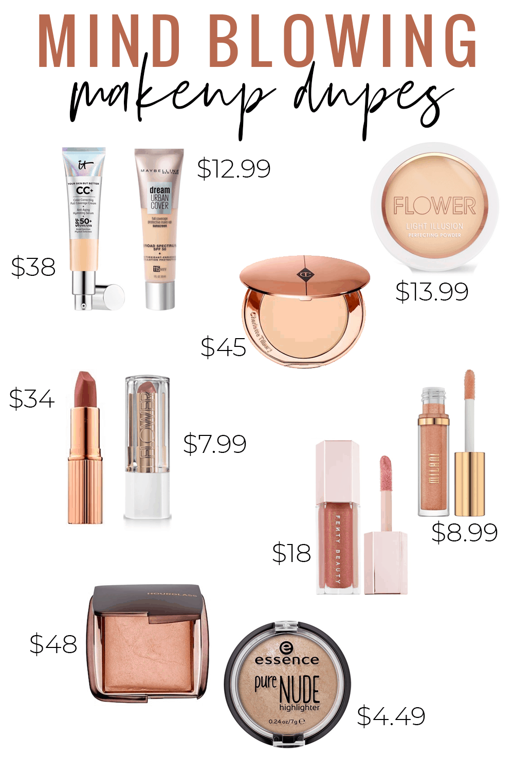 Mind blowing makeup dupes - Charlotte Tilbury Pillow Talk Lipstick Dupe. It Cosmetics CC Cream Dupe, Charlotte Tilbury Powder Dupe, Hourglass Ambient Lighting Powder Dupe, Fenty Gloss Bomb Dupe